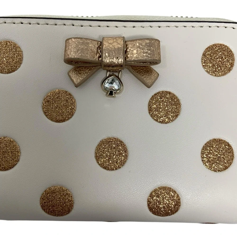 Kate Spade Zip Around Card Case‎ Wallet Wrapping Party Parchment Gold Polka Dot